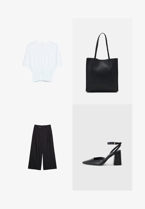 Biela krátka T-shirt s voľným strihom a zlaceným textúrou v oblasti pása. Vyrobená z mäkkého, ľahkého materiálu.; Čierne nohavice s širokými nohavicami vyrobené z hladkej látky, s prednými záhybmi, zapínaním na gombík a dizajnom s vysokým pásom.; Čierne kožené lodičky s špicatou špičkou a členkovým remienkom, s masívnym podpätkom. Hladký povrch, elegantný dizajn a minimalistická estetika.; Čierna kožená taška na rameno s hladkým povrchom, obdĺžnikovým tvarom a dvoma dlhými uchami. Bez viditeľného kovania alebo ozdôb.
