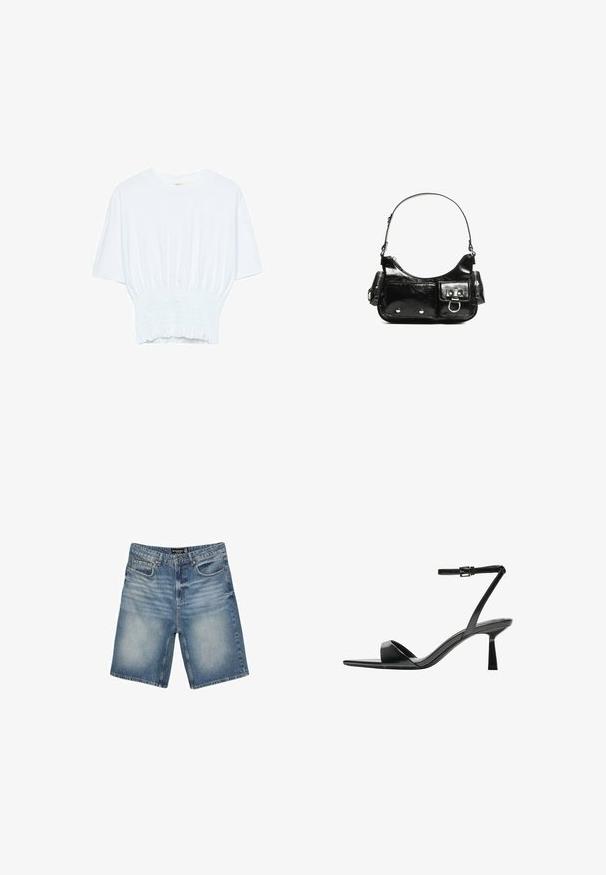 Weißes T-Shirt mit kurzen Ärmeln, lockerer Passform und gerafftem Stoff an der Taille. Aus weichem, leichtem Material gefertigt.; Hellblaue Denim-Shorts mit einem Bund und Gürtelschlaufen, fünf Taschen und einem leicht verblassten Finish für einen abgetragenen Look.; Bershka High Heel Sandalette - black; Schwarze Lackleder-Handtasche mit geschwungenem Design, einem Schulterriemen, Vordertaschen und silberfarbenen Hardware-Akzenten.