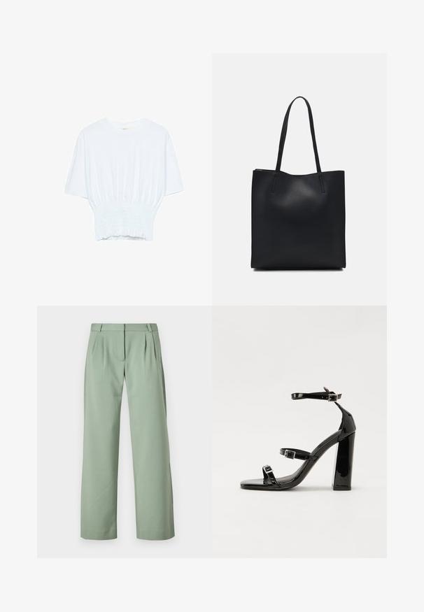 Bijela majica kratkih rukava s opuštenim krojem i nabrano teksturom na struku. Izrađena od mekog, laganog materijala.; Zelene krojene hlače od gladkog materijala. Imaju ravne nogavice, plise na prednjem dijelu i bočne džepove.; Crne lakirane sandale na pete sa kvadratnim nosom, trakama oko gležnja i srebrnim kopčama. Imaju čvrst blok petu za stabilnost.; Crna kožna torba za nošenje s glatkom teksturom, pravokutnim oblikom i dvije duge ručke. Nema vidljivih metalnih dijelova ili ukrasa.