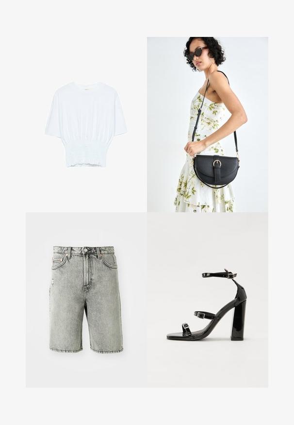 Bela majica s kratkimi rokavi sproščenega kroja in z gubanim materialom na pasu. Narejena iz mehkega, lahkega blaga.; Sive denim kratke hlače z klasičnim pet-pocket dizajnom, bledim videzom in našitki na robovih in pasu.; Črne lakirane sandale s peto, kvadratnim prstom, trakovi okrog gležnja in srebrnimi zaponkami. Opremljene so s stabilno Debelo peto.; Črna usnjena torbica s ukrivljeno obliko, z odstranljivo naramnico in zlatimi dodatki. Torbica ima pokrov s podrobnostmi v obliki zaponke.