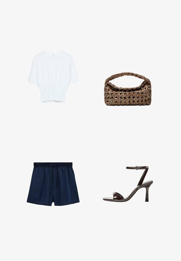 Biała koszulka z krótkim rękawem o luźnym kroju i marszczonym wykończeniu w talii. Wykonana z miękkiego, lekkiego materiału.; Granatowe szorty wykonane z lekkiego materiału, z elastycznym pasa ze sznurkowym zapięciem i luźnym krojem. Rękaw jest lekko postrzępiony.; Brązowe lakierowane skórzane sandały na wysokim obcasie z paskiem wokół kostki, otwartym noskiem i eleganckim, minimalistycznym designem. Posiadają kwadratowy obcas.; Wpleciony brązowy torebka o prostokątnym kształcie, z wyraźnym uchwytem i teksturowaną powierzchnią. Posiada zamknięty górny zamek oraz skomplikowany wzór plecionki.