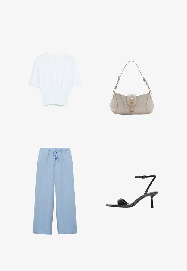 Bela majica s kratkimi rokavi sproščenega kroja in z gubanim materialom na pasu. Narejena iz mehkega, lahkega blaga.; Mango Hlače - light blue; Bershka Sandali z visoko peto - black; Svetlo siva usnjena torbica s ukrivljeno obliko, zlato kovinsko dodatki, sprednji sponka in šivani detajli. Vključena nastavljiva naramnica.