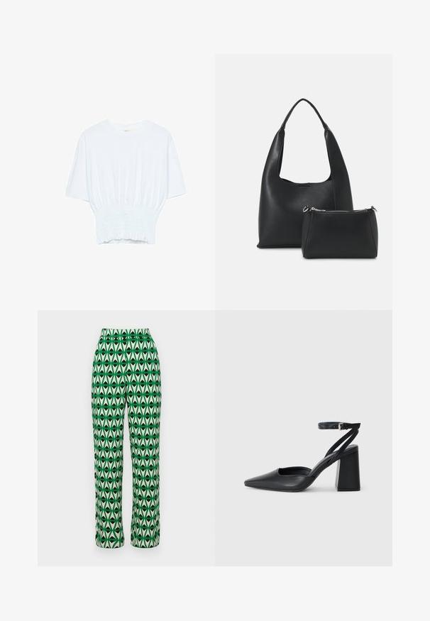 Biała koszulka z krótkim rękawem o luźnym kroju i marszczonym wykończeniu w talii. Wykonana z miękkiego, lekkiego materiału.; Zielono-kremowe spodnie szerokie z geometrycznym wzorem liści w kolorze czarnym. Wykonane z lekkiego materiału o gładkiej teksturze.; Czarne skórzane czółenka z ostrym noskiem, z paskiem na kostce i grubym obcasem. Gładka faktura, elegancki design i minimalistyczna estetyka.; Even&Odd - Torebka