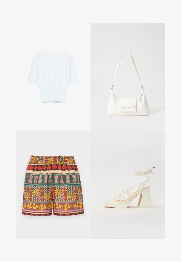 Hvid kortærmet T-shirt med afslappet pasform og smocked tekstur ved taljen. Lavet af blødt, letvægtsstof.; Multifarvede shorts med en blanding af lyse farver inklusive rød, gul, grøn og pink, med en elastisk talje og varierende tropiske motiver.; Hvide højhælede sandaler med en kraftig hæl, der har et stropdesign og ankelbinding. Glat tekstur med en platform foran for ekstra højde.; Hvid syntetisk håndtaske med en trekantet form, flad forsideklap og sløjfedetalje, justerbar strop, glat tekstur og minimalistisk design.