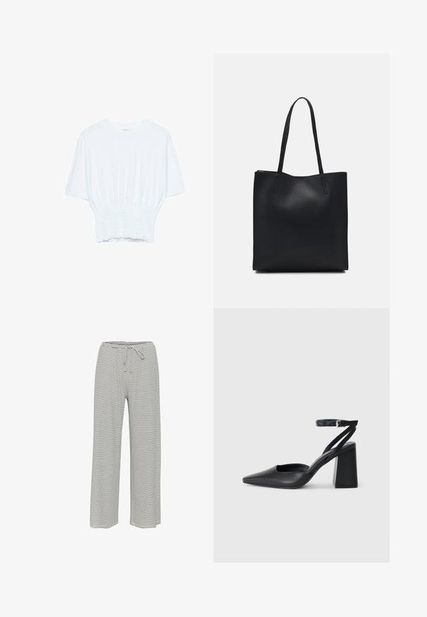 Bijela majica kratkih rukava s opuštenim krojem i nabrano teksturom na struku. Izrađena od mekog, laganog materijala.; Prugaste hlače širokih nogavica crno-bijele boje. Izrađene od mekog materijala s elastičnim pojasom i vezicom za prilagodbu.; Crne kožne cipele s špicastim vrhom, remenom oko gležnja i debelim potplatom. Ravna tekstura, elegantan dizajn i minimalistička estetika.; Crna kožna torba za nošenje s glatkom teksturom, pravokutnim oblikom i dvije duge ručke. Nema vidljivih metalnih dijelova ili ukrasa.