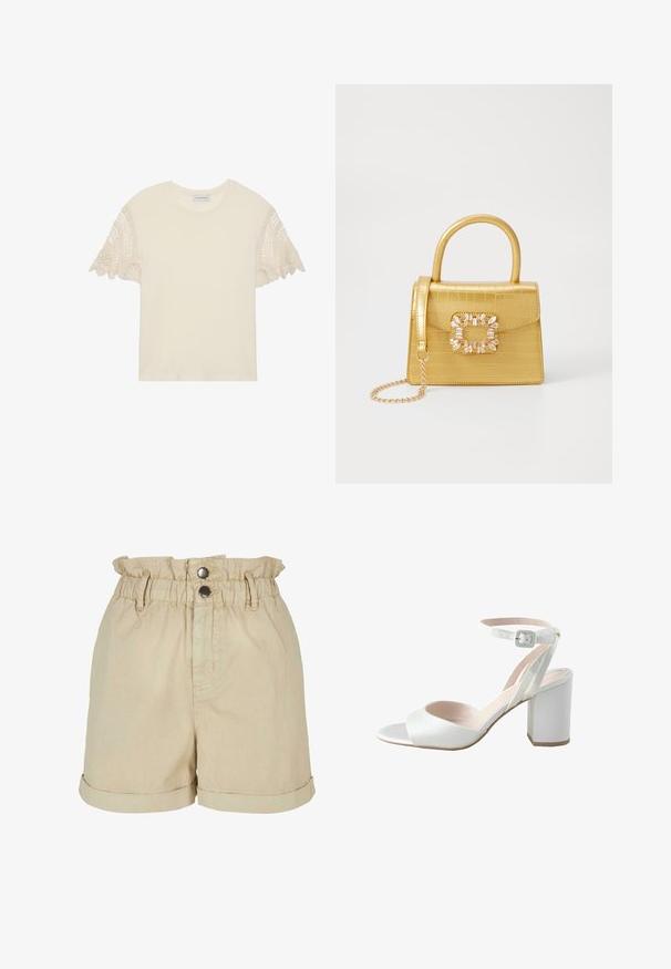 Krēmkrāsas T-krekls ar īsām piedurknēm, kas rotāts ar sarežģītu bēša krāsas tamborējuma mežģīnēm. Mīksts kokvilnas audums, apaļa izgriezne, brīvs piegriezums.; Beigu kokvilnas šorti ar savilkta jostasvietu, divām priekšējām kabatām un apkaklotiem apakšmalajiem. Ir poga un rāvējslēdzējs priekšpusē.; Baltas augstpapēžu čības ar spīdīgu satīna virsu, platām blokveida papēžiem un potītes siksniņu ar mazu sprādzi. Gluda tekstūra, minimāls dizains.; Dzeltena mākslīgā krokodila roku soma ar strukturētu dizainu, augšējo rokturi, noņemamu ķēdes siksniņu un dekoratīvām kristāla rotājumiem aizdares daļā.; Zelta riņķa auskari ar gludu, noapaļu dizainu. Plāni un viegli, ar nepārtrauktu cilpu bez jebkādām rotājumām.