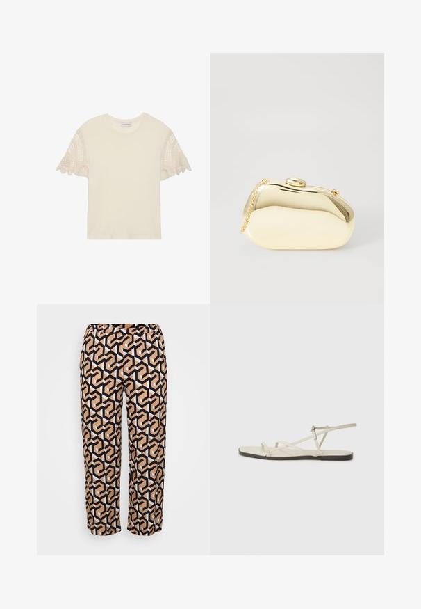 Krämfärgad t-shirt med korta ärmar som har intrikata beige virkade spetsdetaljer. Mjuk bomullstyg, rund halsringning, avslappnad passform.; Lätta, mönstrade byxor med en geometrisk design i beige, svart och vitt, med ett elastiskt midjeband för komfort.; Beige platt sandal med flera smala remmar och ett justerbart spänne. Sulan är platt med en lätt mörk kontrast vid kanten.; Metallisk guldclutch med en slät, rund form, som har en knappstängning på toppen och ett litet kedjehandtag för bärande.; Klart och bärnstensfärgade ringar av resin, en slät och transparent, den andra med en strukturerad bärnstensfinish. Båda har rundade, kraftiga design.