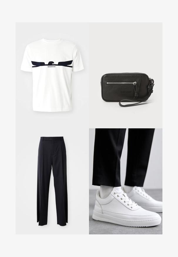 White cotton t-shirt featuring a navy blue eagle graphic and "EMPORIO ARMANI" text below the design. Short sleeves and a crew neck.; Black, high-waisted trousers with a wide-leg cut, made of smooth fabric. Features front pleats and belt loops. Minimalistic design, no visible hardware.; White leather sneakers with a flat rubber sole, featuring a smooth finish, round toe, and metal eyelets for laces. Worn with black pants.; Black leather clutch with textured surface, front zip pocket, and detachable wrist strap. Features a logo patch on the front. Rectangular shape.