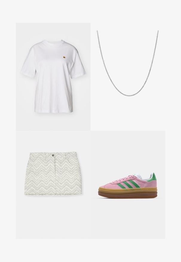 Fehér pamut póló laza szabással, rövid ujjakkal és egy kis hímzett logóval a bal mellrészén.; Fehér szoknya szürke cikkcakk mintával, gombos záródással, két oldalsó zsebbel és egyenes fazonnal. Texturált anyagból készült.; Rózsaszín zamákból készült sportcipő zöld csíkokkal, fehér díszítéssel és barna gumi talppal. Texturált anyaggal és logóval ellátott részletekkel az oldalon.; Ez egy ezüst lánc nyaklánc, sima, kerek, lapos láncszemekkel. Csillogó felülettel rendelkezik és hozzávetőlegesen 20 hüvelyk hosszú.