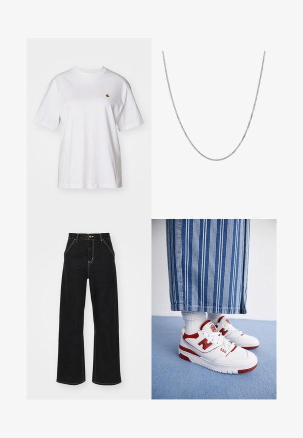 Fehér pamut póló laza szabással, rövid ujjakkal és egy kis hímzett logóval a bal mellrészén.; Fekete, széles szárú farmernadrág, kontrasztos fehér varrással és elülső gombos záródással, két ferde elülső zsebbel.; Fehér és piros New Balance 550 tornacipők perforált díszítésekkel és vastag gumitalpakkal, fehér bordás zoknikkal és csíkos farmernadrággal párosítva.; Ez egy ezüst lánc nyaklánc, sima, kerek, lapos láncszemekkel. Csillogó felülettel rendelkezik és hozzávetőlegesen 20 hüvelyk hosszú.