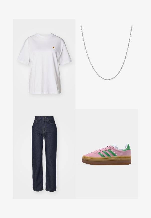 Maglietta in cotone bianco con vestibilità rilassata, maniche corte e un piccolo logo ricamato sul lato sinistro del petto.; Jeans in denim blu scuro a vita alta con design a gamba dritta, cuciture visibili, cinque tasche e chiusura con patta e bottone davanti.; Sneakers in suede rosa con strisce verdi, dettagli bianchi e suola in gomma marrone. Presentano un tessuto testurizzato e un logo sulla parte laterale.; Collana in argento con un design a maglia piatta rotonda e liscia. Presenta una finitura lucida e misura circa 50 centimetri di lunghezza.