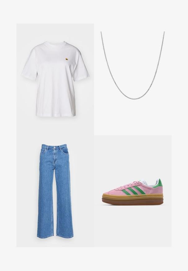 Hvid bomulds-t-shirt med en afslappet pasform, korte ærmer og et lille broderet logo på venstre brystområde.; Blå denim wide-leg jeans med høj talje, der har to forlommer og knaplukning. Stoffet har en let tekstureret overflade.; Lyserøde ruskindsneakers med grønne striber, hvide accenter og en brun gummisål. Har tekstureret stof og logodetaljer på siden.; Sølv kædedesign med glatte, runde flade led. Funktioner en blank finish og måler cirka 50 cm i længden.