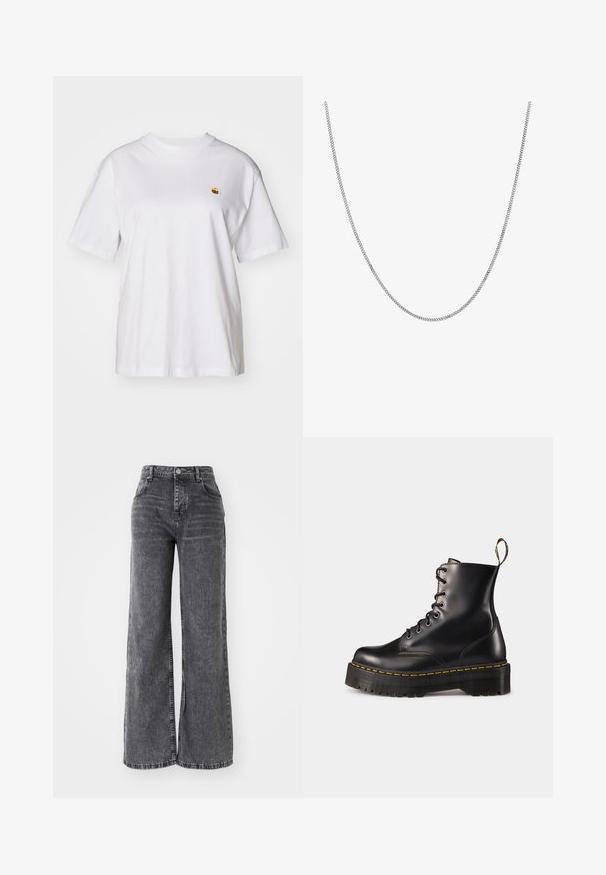 White cotton t-shirt with a relaxed fit, short sleeves, and a small embroidered logo on the left chest area.; Wide-leg gray denim pants with a high waist, featuring traditional five-pocket styling and a subtle faded finish.; Black leather lace-up ankle boots with a chunky black sole and yellow stitching. Features a pull tab at the back and circular metal eyelets.; Silver chain necklace with a smooth, round flat link design. Features a shiny finish and measures approximately 20 inches in length.