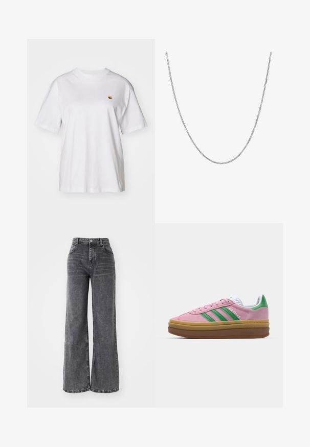Bílý bavlněný tričko s volným střihem, krátkými rukávy a malým vyšívaným logem na levé části hrudi.; Šedé džíny s širokými nohavicemi a vysokým pasem, které mají tradiční pět kapsový design a subtilní vybledlý vzhled.; Růžové semišové tenisky se zelenými pruhy, bílými akcenty a hnědou gumovou podrážkou. Mají strukturovanou tkaninu a detail s logem na boku.; Stříbrný řetízek náhrdelník s hladkým, kulatým plochým designem článků. Má lesklý povrch a měří přibližně 50 centimetrů.