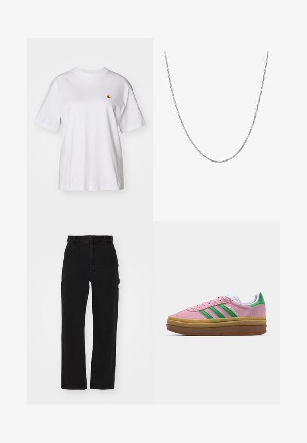 Valge puuvillane T-särk, millel on lõdva lõikega, lühikesed varrukad ja väike broderi logo vasakul rinnakarpi.; Mustad teksased, mis on mustad ja sirge jalaga, küljetaskutega ning nupukinnitusiga vöökoha juures.; Roosa nahast tossud roheliste triipude, valgete aktsentide ja pruuni kummitaldiga. Omavad tekstuuriga kangast ja logo detaile külgedel.; Hõbedane kettkaelakee sujuva, ümmarguse lame lingikujundusega. Omab läikivat viimistlust ja mõõdab ligikaudu 20 tolli pikkust.