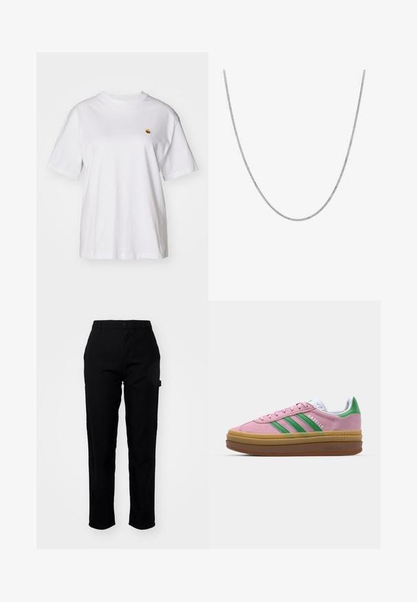 Hvit bomulls t-skjorte med avslappet passform, korte ermer og en liten brodert logo på venstre brystområde.; Carhartt WIP PIERCE PANT - Bukse - black; Rosa semskede sneakers med grønne striper, hvite detaljer og en brun gummisåle. Har teksturert stoff og logodetaljer på siden.; Sølvkjede med en jevn, rund flat lenkedesign. Har en blank overflate og måler omtrent 50 cm i lengde.
