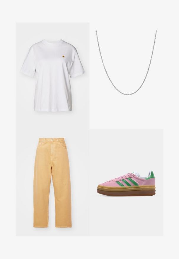 Biała bawełniana koszulka z luźnym krojem, krótkimi rękawami i małym haftowanym logo po lewej stronie klatki piersiowej.; Carhartt WIP BRANDON jasny brąz; Różowe zamszowe sneakersy z zielonymi paskami, białymi akcentami i brązową gumową podeszwą. Posiadają teksturowany materiał i detale logo po boku.; Srebrny naszyjnik z łańcuchem o gładkim, okrągłym, płaskim designie. Posiada błyszczące wykończenie i ma około 20 cali długości.