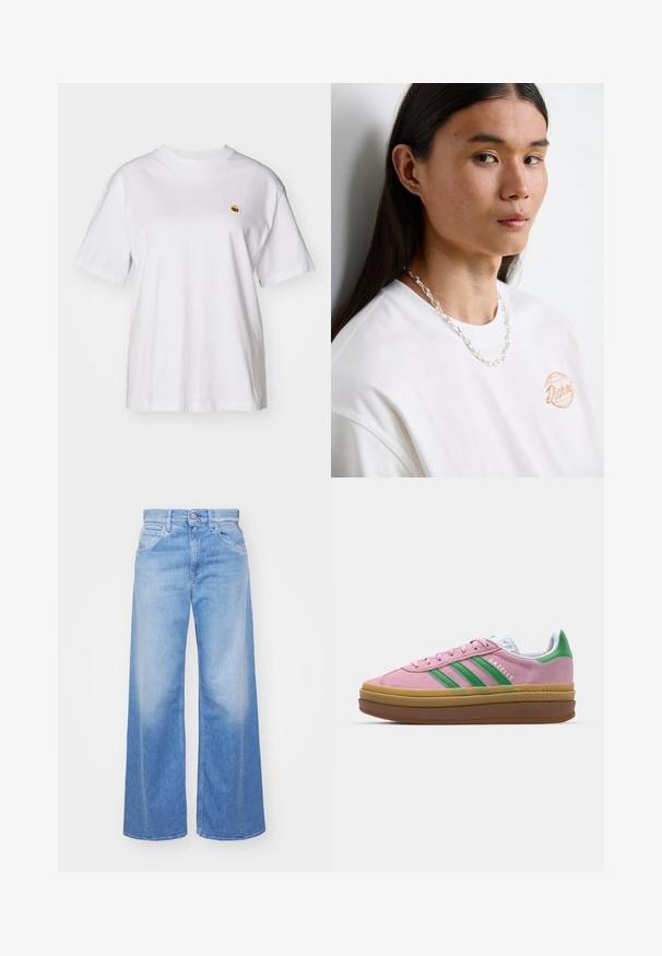 Balta medvilnė marškinėliai su laisvu sijonu, trumpomis rankovėmis ir maža siuvinėta logo kairėje krūtinės pusėje.; Platus mėlynos džinsinės kelnės su išblukusiu paviršiumi. Turi penkis kišenes, mygtuko uždarymą ir diržo kilpas. Medžiaga yra minkšta ir tvirta.; Rožinės zomšinės sportbačiai su žaliomis juostelėmis, baltais akcentais ir ruda guma. Yra tekstūruota medžiaga ir logo detalės ant šono.; Balta medvilninė marškinė su oranžiniu logotipu, puošta sidabriniu grandininiu kaklo papuošalu su tarpusavyje susijungusiais žiedais, pristatyta prieš neutralų foną.