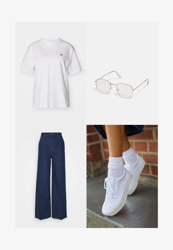 Witte katoenen t-shirt met een relaxte pasvorm, korte mouwen en een klein geborduurd logo op de linkerborst.; Hoge taille wijdvallende donkerblauwe denim jeans met voor- en achterzakken, knoopsluiting en zichtbare stikseldetails.; Witte canvas sneakers met rubberen zolen, voorzien van zes vetertjes, een ronde neus en lichte stikdetails, gecombineerd met witte enkelsokken.; Rechthoekige bril met een dunne roségouden metalen montuur. Duidelijke glazen, transparante oortips en subtiele details rondom de glazen.