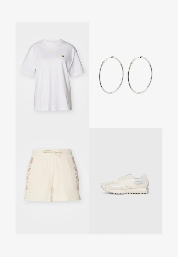 Valge puuvillane T-särk, millel on lõdva lõikega, lühikesed varrukad ja väike broderi logo vasakul rinnakarpi.; Kreemikas värvi ribadega lühikesed püksid, millel on stringiga vöökoht ja külgedel dekoratiivsed pruunid lille- ja geomeetrilised mustrid.; Madalprofiilne kreemika ja hõbedase tooniga jalanõu paelte ja tekstuurse tallaga, vaadatuna küljelt tavalise valge tausta ees.; Hõbedased rõngas kõrvarõngad, millel on sile ja poleeritud viimistlus. Ringikujuline, ühtlane laius, kerge kinnitamise jaoks. Lihtne ja elegantne.