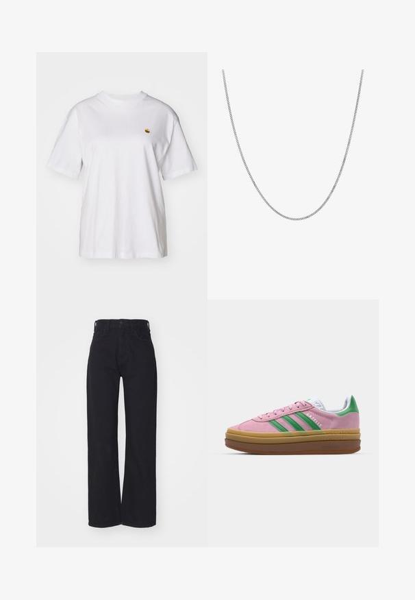 Tricou alb din bumbac cu o croială lejeră, mâneci scurte și un mic logo brodat în zona stângă a pieptului.; Jeans negri cu talie înaltă, cu picioare largi, cu închidere frontală cu buton și fermoar, cu bucle pentru curea și două buzunare frontale pe un fundal alb.; Sneakers din suede roz cu dungi verzi, accente albe și o talpă din cauciuc brun. Prezintă un material texturat și detalii cu logo pe lateral.; Colier din argint cu un design cu verigi plate, rotunde și netede. Are un finisaj strălucitor și măsoară aproximativ 50 de centimetri în lungime.
