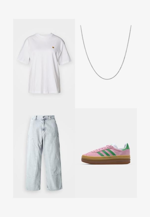 Witte katoenen t-shirt met een relaxte pasvorm, korte mouwen en een klein geborduurd logo op de linkerborst.; Lichtblauwe denim broek met wijde pijpen, grote zijzakken, een hoge taille en een losse pasvorm. Verweerd textuur met een vervaagde afwerking.; Roze suede sneakers met groene strepen, witte accenten en een bruine rubberen zool. Heeft een gestructureerde stof en logodetails aan de zijkant.; Zilveren ketting met een gladde, ronde platte schakelontwerp. Heeft een glanzende afwerking en heeft een lengte van ongeveer 20 inch.