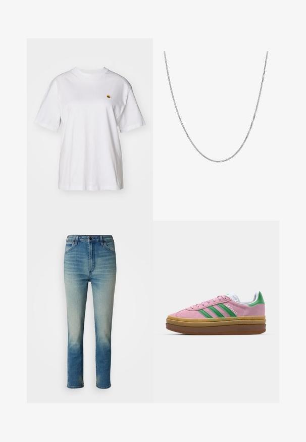 Balta medvilnė marškinėliai su laisvu sijonu, trumpomis rankovėmis ir maža siuvinėta logo kairėje krūtinės pusėje.; Šviesiai mėlyni džinsai su tiesiu siluetu, vidutinio aukščio juosmeniu, klasikinio penkių kišenių dizainu ir subtiliais išblukimais ant kojų.; Rožinės zomšinės sportbačiai su žaliomis juostelėmis, baltais akcentais ir ruda guma. Yra tekstūruota medžiaga ir logo detalės ant šono.; Sidabro grandinėle su lygaus, apvalaus plokščio žiedo dizainu. Pasirūpinta blizgia apdaila, ilgio apie 20 colių.