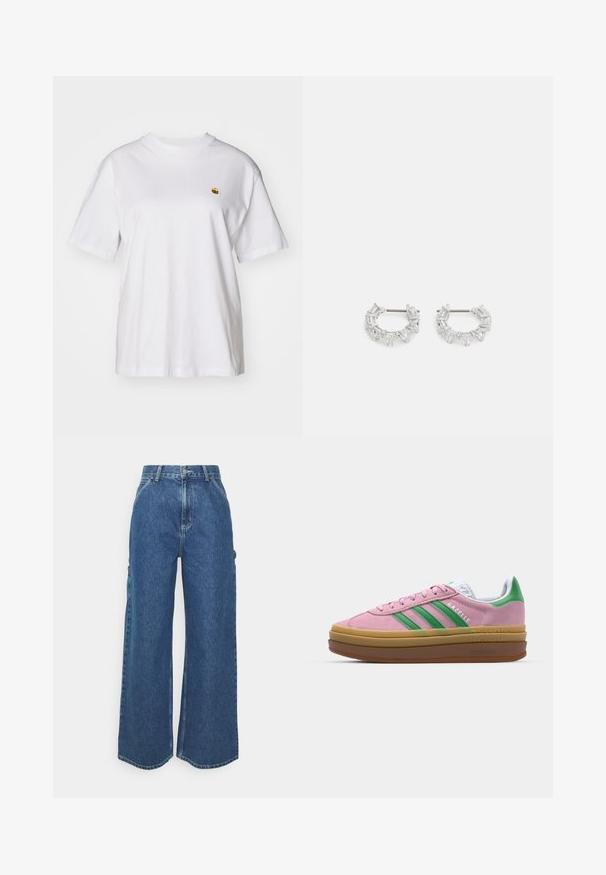 Balta medvilnė marškinėliai su laisvu sijonu, trumpomis rankovėmis ir maža siuvinėta logo kairėje krūtinės pusėje.; Plačios mėlynos džinsinės kelnes su aukštu juosmeniu, kontrastingais siūlais ir šoninėmis kišenėmis, turinčios klasikinį penkių kišenių dizainą ir brutalius kraštus.; Rožinės zomšinės sportbačiai su žaliomis juostelėmis, baltais akcentais ir ruda guma. Yra tekstūruota medžiaga ir logo detalės ant šono.; Sidabrinės auskarų kabliukų formos auskarai, papuošti aiškiais, stačiakampiais ir trikampiais kristalais, kurie išdėstyti raštuotu dizainu. Tvirtinimai, užtikrinantys saugų prilaikymą.