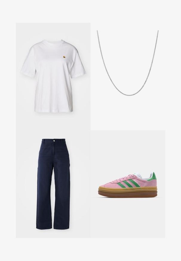 Maglietta in cotone bianco con vestibilità rilassata, maniche corte e un piccolo logo ricamato sul lato sinistro del petto.; Pantaloni cargo a gamba larga blu navy in un robusto tessuto di cotone, con tasche laterali e chiusura con bottone in vita.; Sneakers in suede rosa con strisce verdi, dettagli bianchi e suola in gomma marrone. Presentano un tessuto testurizzato e un logo sulla parte laterale.; Collana in argento con un design a maglia piatta rotonda e liscia. Presenta una finitura lucida e misura circa 50 centimetri di lunghezza.