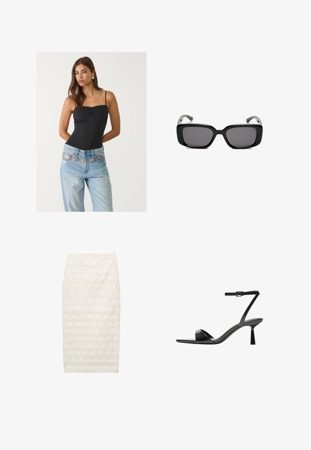 Body aderente nero con scollo quadrato, abbinato a jeans azzurri chiari con una cintura decorativa argento e rosa.; Gonna bianca a matita con motivo floreale testurizzato, design di lunghezza media e vestibilità slim. Realizzata in tessuto leggero con una leggera lucentezza.; Bershka Sandali con tacco - black; Occhiali da sole neri rettangolari con lenti scure, montatura in plastica liscia e tempie curve. Il design è voluminoso con un'estetica minimalista.