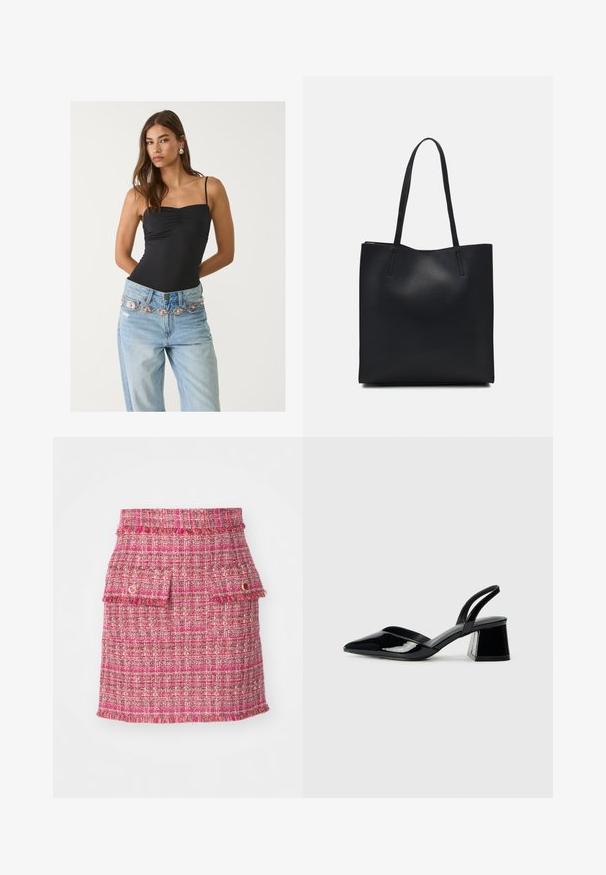 Schwarzer, taillierter Bodysuit mit einem quadratischen Ausschnitt, kombiniert mit hellblauen Jeans, die einen dekorativen silbernen und rosa Gürtel haben.; Rosa Tweed-Rock mit strukturiertem Gewebe, zwei vorderen Taschen mit fransigen Kanten und einem subtilen metallischen Akzent.; Schwarze Lackleder-Slingback-High Heels mit spitzem Schuh und einem geometrischen Blockabsatz. Verfügt über ein schlankes, minimalistisches Design und eine glatte Textur.; Schwarze Laptoptasche aus Leder mit glatter Textur, rechteckiger Form und zwei langen Griffen. Keine sichtbaren Beschläge oder Verzierungen.