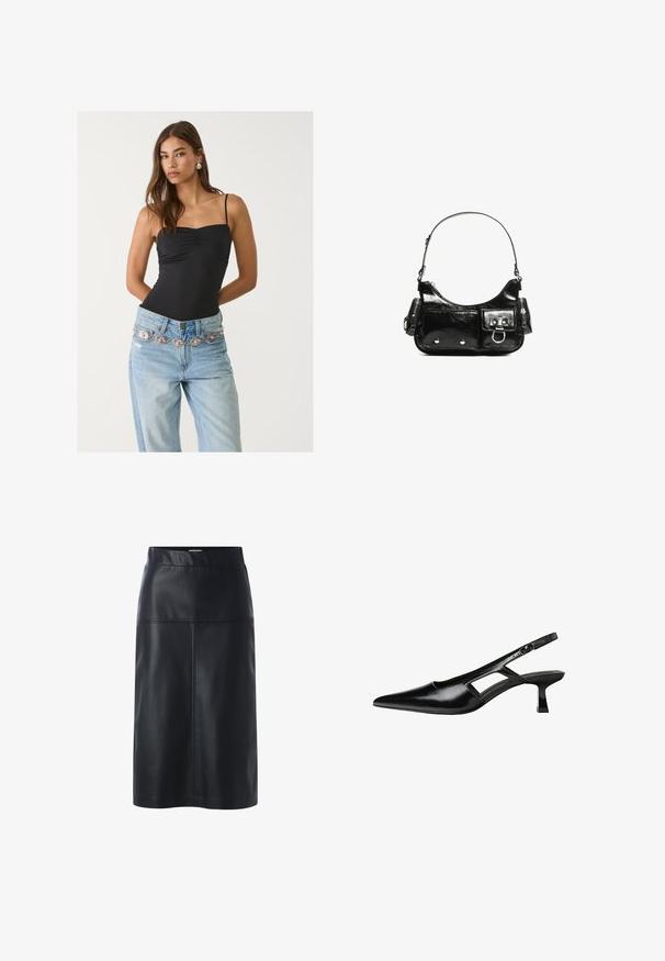 Body aderente nero con scollo quadrato, abbinato a jeans azzurri chiari con una cintura decorativa argento e rosa.; Gonna di pelle nera con silhouette dritta, caratterizzata da una texture liscia, vita alta e cuciture dettagliate sui pannelli frontali.; Tacchi slingback in pelle verniciata nera con punta affusolata, design con tagli laterali e tacco quadrato piccolo. Texture liscia con dettagli minimi.; Borsa a spalla in vernice nera con forma curvata, una tracolla, tasche frontali e dettagli in metallo argentato.