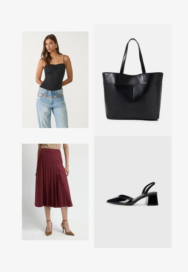 Sort tætsiddende bodysuit med firkantet udskæring, parret med lyseblå jeans der har et dekorativt sølv- og pinkbælte.; Bordeaux farvet plisseret midi-nederdel med høj talje, der har en glat tekstur og flydende form, parret med brune højhælede sko.; Sorte patentlæder slingback hæle med spids tå og en geometrisk blok hæl. Har et elegant, minimalistisk design og en glat tekstur.; Sort læder tote taske med to lange håndtag, en glat tekstur og en struktureret form. Har en forlommem for ekstra opbevaring.
