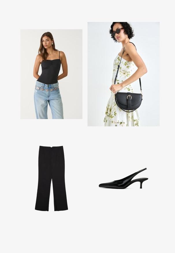 Schwarzer, taillierter Bodysuit mit einem quadratischen Ausschnitt, kombiniert mit hellblauen Jeans, die einen dekorativen silbernen und rosa Gürtel haben.; Schwarze Hose mit geradem Schnitt, ausgestattet mit Fronttaschen und Seitenschlitzen am Saum. Hergestellt aus weichem, glattem Stoff. Geeignet für verschiedene Anlässe.; Schwarzer Slingback-Schuh mit spitzem Zehenbereich, glänzender Lederoberfläche und dünnem, niedrigem Absatz. Verfügt über einen Ausschnitt an der Seite für Atmungsaktivität.; Schwarze Lederhandtasche mit geschwungener Form, abnehmbarem Tragegurt und goldenen Beschlägen. Die Tasche verfügt über einen Deckel mit einer Schnallen-Details.