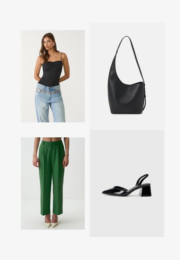 Bodysuit noir ajusté avec un décolleté carré, associé à un jean bleu clair orné d'une ceinture décorative argentée et rose.; Pantalon vert ajusté à coupe droite, avec une texture lisse, des poches avant dissimulées et une taille classique.; Escarpins en cuir verni noir avec bout pointu et talon bloc géométrique. Présente un design élégant et minimaliste ainsi qu'une texture lisse.; Sac hobo en cuir noir avec une texture lisse, une forme incurvée et une seule sangle réglable ; dispose d'une large ouverture en haut.