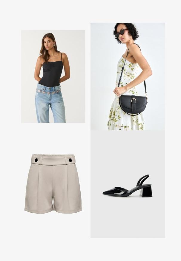 Schwarzer, taillierter Bodysuit mit einem quadratischen Ausschnitt, kombiniert mit hellblauen Jeans, die einen dekorativen silbernen und rosa Gürtel haben.; Helle beige Shorts mit hoher Taille, plissierter Vorderseite und zwei schwarzen Knöpfen am Bund. Weicher Stoff und lässiges Design.; Schwarze Lackleder-Slingback-High Heels mit spitzem Schuh und einem geometrischen Blockabsatz. Verfügt über ein schlankes, minimalistisches Design und eine glatte Textur.; Schwarze Lederhandtasche mit geschwungener Form, abnehmbarem Tragegurt und goldenen Beschlägen. Die Tasche verfügt über einen Deckel mit einer Schnallen-Details.