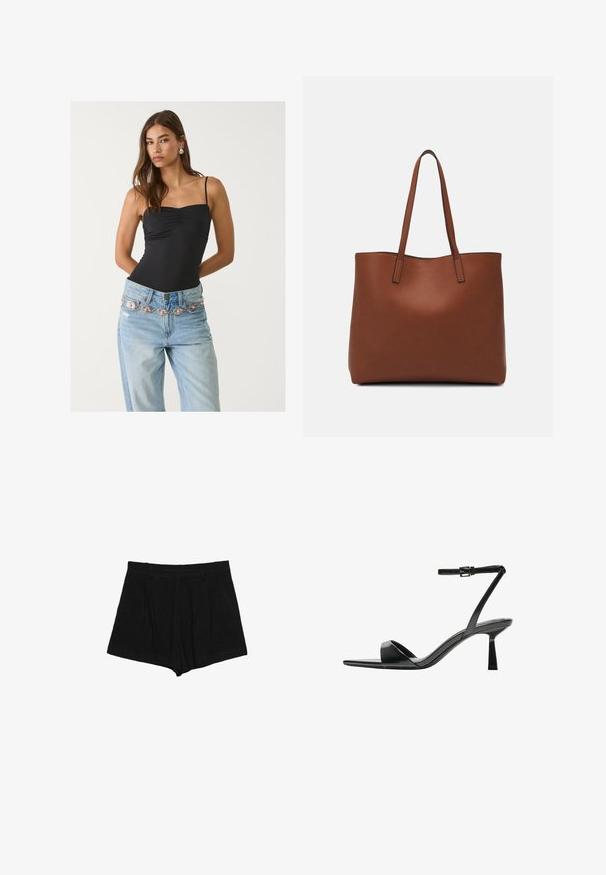 Mustat kapea bodysuihku, jossa on neliön muotoinen pääntie, yhdistettynä vaaleansinisiin farkkuihin, joissa on koristeellinen hopea- ja vaaleanpunainen vyö.; Mustat sortsit, jotka on valmistettu teksturoidusta kankaasta, pleatattu muotoilu, keskikorkea vyötärö ja suora leikkaus ilman näkyviä kiinnityksiä.; Bershka Korolliset sandaalit - black; Ruskea nahkainen olkalaukku, jossa on sileä pinta, avoin yläosa ja kaksi olkahihnaa. Omaavat vain minimaalisen ompelun eikä näkyvää metalliosaa.