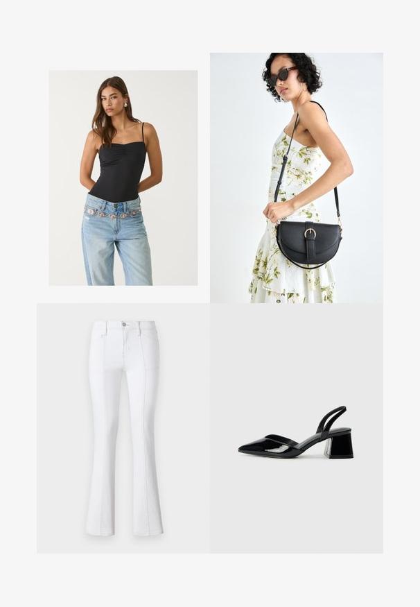 Černý přiléhavý body s čtvercovým výstřihem, kombinovaný s bledě modrými džíny s dekorativním stříbrným a růžovým páskem.; Bílé denimové zvonové džíny s vysokým pasem, s kontrastním prošitím, předními kapsami a zipovým zapínáním. Hladká, pevná textura látky.; Černé lakované kožené lodičky na pásku s špičatou špičkou a geometrickým blokovým podpatkem. Vyznačují se elegantním, minimalistickým designem a hladkým povrchem.; Černá kožená kabelka s křivkovým tvarem, odnímatelným popruhem a zlatými detaily. Kabelka má klopu s přezkou.