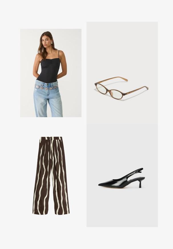 Czarny dopasowany body z kwadratowym dekoltem, w połączeniu z jasnoniebieskimi dżinsami z ozdobnym srebrno-różowym paskiem.; Spodnie o wysokim stanie, szerokie nogawki z pionowymi falistymi białymi i ciemnobrązowymi paskami, z przodu guzikiem, zamkiem błyskawicznym i bocznymi kieszeniami.; Czarne lakierowane sandały na obcasie z wąskim noskiem, cienkim obcasem i regulowanym paskiem z klamrą. Gładka faktura z minimalnymi zdobieniami.; Brązowe okulary w motyle z owalnymi soczewkami, cienkimi ramionami i przezroczystymi akcentami. Posiadają subtelne logo na zauszniku. Smukły, lekki design.; Brązowa skórzana torba na ramię o zaokrąglonym kształcie, ze złotymi akcentami i zapięciem w formie klamry. Posiada odpinany pasek na ramię.