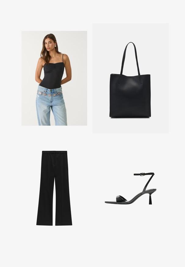 Svart åtsittande bodysuit med fyrkantig nedskärning, ihop med ljusblå jeans som har ett dekorativt silver- och rosa bälte.; Svarta utsvängda byxor i mjukt tyg. Inkluderar midjeband, två bakfickor och löst sittande ben med en ren finish.; Bershka Sandaletter - black; Svart lädertoffelväska med slät textur, rektangulär form och två långa handtag. Ingen synlig hårdvara eller dekorationer.