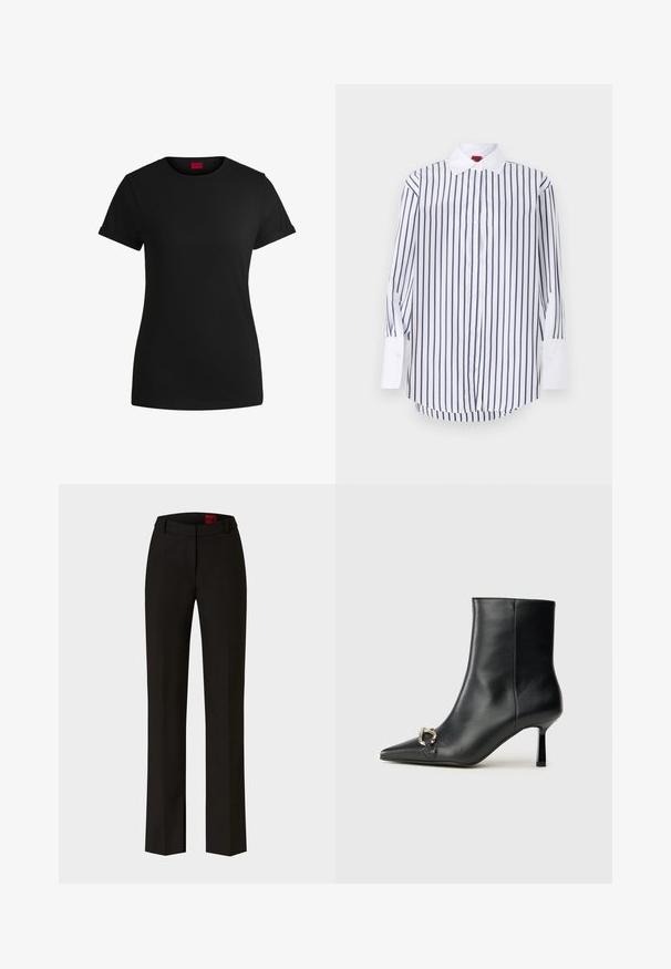 Black cotton t-shirt with short rolled sleeves, a round neckline, and a red label. Smooth texture, fitted shape with minimal detailing.; White button-up shirt with navy vertical stripes, long sleeves with white cuffs, classic collar, and a curved hem. Smooth fabric texture.; Black tailored trousers with a straight leg and belt loops, featuring a subtle crease down the front and a label visible inside the waistband.; Black leather ankle boot with pointed toe, slim mid-height heel, and silver buckle detail on side against plain background.