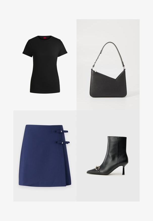 Sort bomulds T-shirt med korte opklappede ærmer, rund halsudskæring og et rødt mærke. Glat tekstur, tætsiddende form med minimal detaljer.; Marinedragt omslagskør med en struktureret overflade, der har to små stofsløjfer som accenter på siden. Simpelt og struktureret design.; Sort læder ankelstøvle med spidse tæer, slank hæl i mellemhøjde og sølvspænde detaljer på siden mod en ensfarvet baggrund.; Sort læderhåndtaske i trekantet form med en slank rem og sølv hardware. Har lynlås-lukning og prægede logo på forsiden.