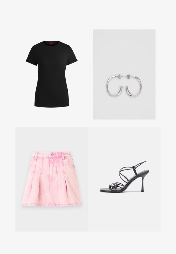 Black cotton t-shirt with short rolled sleeves, a round neckline, and a red label. Smooth texture, fitted shape with minimal detailing.; Pink denim skirt with pleats, a button and zipper closure, five pockets, and decorative stitching. Distressed texture in a light shade.; Black high-heeled sandals feature thin straps with a knotted design, a smooth square toe, and a sleek stiletto heel.; Silver hoop earrings with a smooth, shiny finish. Rounded shape, lightweight design, featuring a post-back closure.