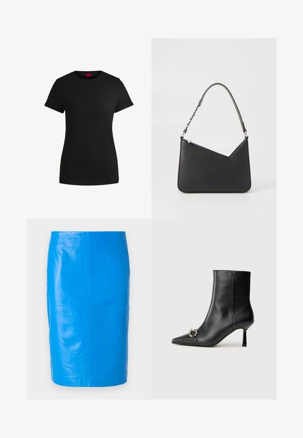 Zwart katoenen T-shirt met korte opgerolde mouwen, een ronde halslijn en een rood label. Glad textuur, aansluitende pasvorm met minimale details.; 2nd Day JAYAN - Leren rok - skydiver; Zwarte leren enkelboot met spitse neus, slanke middenhoge hak en zilveren gespdetail aan de zijkant op een effen achtergrond.; Zwart leren handtas met een driehoekige vorm, een slanke strap en zilveren hardware. Voorzien van een ritssluiting en een reliëflogo op de voorkant.
