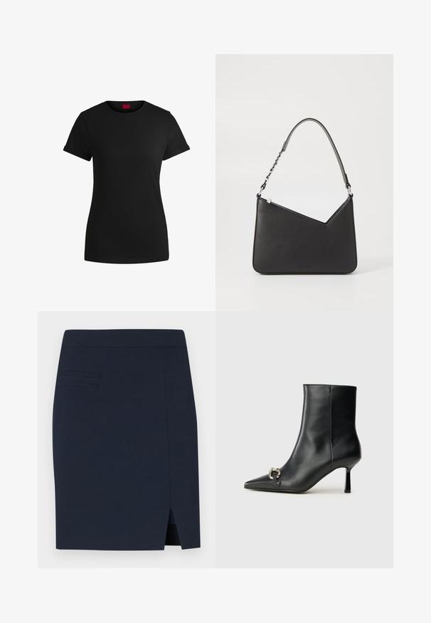 Zwart katoenen T-shirt met korte opgerolde mouwen, een ronde halslijn en een rood label. Glad textuur, aansluitende pasvorm met minimale details.; Navyblauwe aansluitende rok van een soepel materiaal, met een split aan de achterkant en drie horizontale stikdetails op het voorzakgebied.; Zwarte leren enkelboot met spitse neus, slanke middenhoge hak en zilveren gespdetail aan de zijkant op een effen achtergrond.; Zwart leren handtas met een driehoekige vorm, een slanke strap en zilveren hardware. Voorzien van een ritssluiting en een reliëflogo op de voorkant.