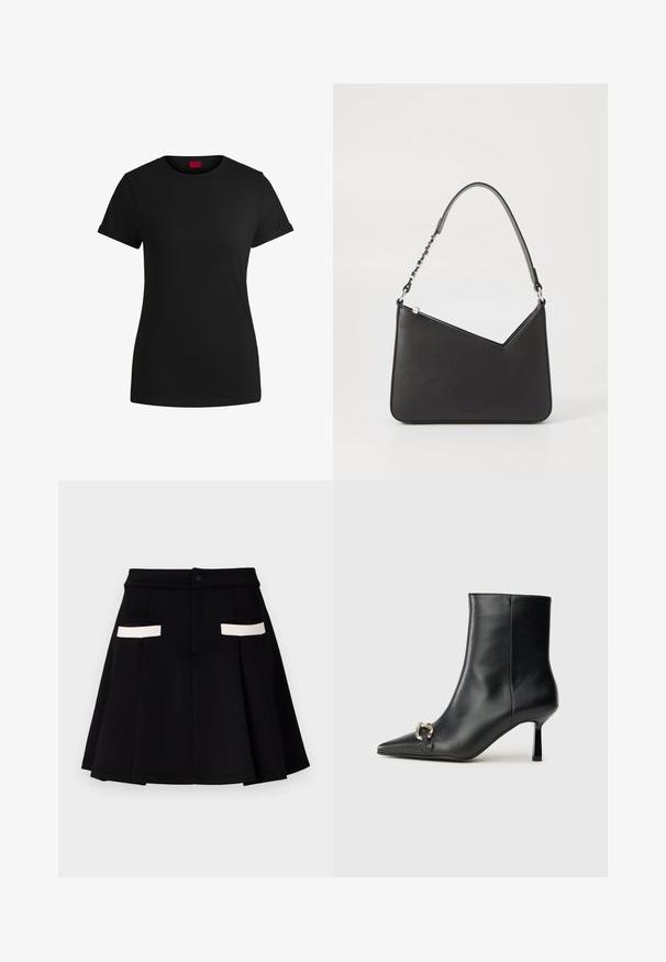 Sort bomulds T-shirt med korte opklappede ærmer, rund halsudskæring og et rødt mærke. Glat tekstur, tætsiddende form med minimal detaljer.; Sort nederdel med en udsvinget design, der har to frontlommer med hvide detaljer, en knaplukning, og en glat stoftekstur.; Sort læder ankelstøvle med spidse tæer, slank hæl i mellemhøjde og sølvspænde detaljer på siden mod en ensfarvet baggrund.; Sort læderhåndtaske i trekantet form med en slank rem og sølv hardware. Har lynlås-lukning og prægede logo på forsiden.