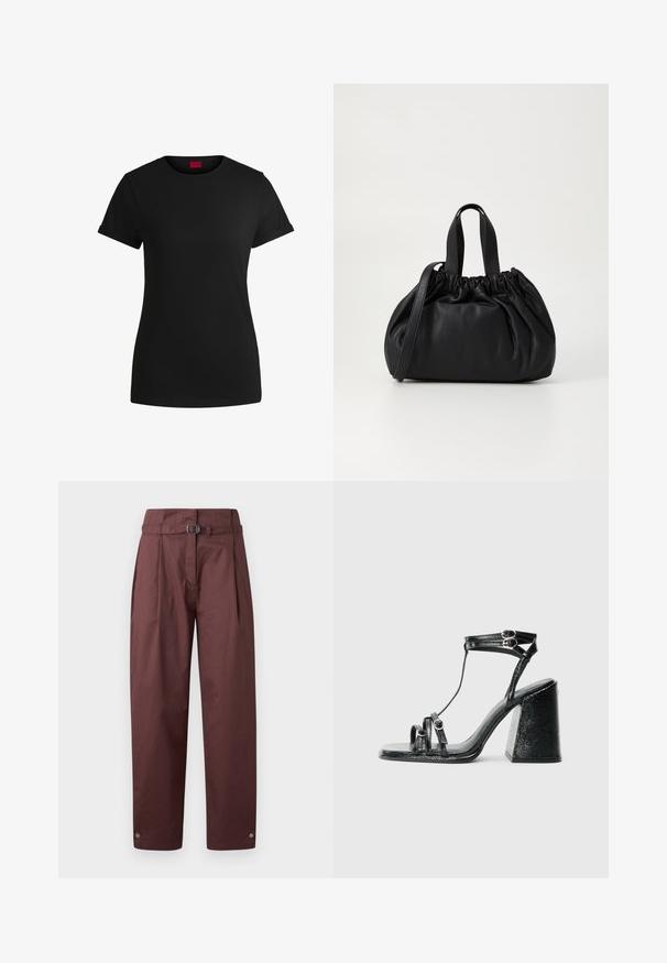 Czarna bawełniana koszulka z krótkimi, podwiniętymi rękawami, okrągłym dekoltem i czerwoną metką. Gładka tekstura, dopasowany fason z minimalnymi detalami.; Bordowe spodnie szerokie z bawełny z paskiem w talii, plisowanym przodem i zatrzaskami przy kostkach. Gładka tekstura, minimalistyczny design.; Czarne sandały na obcasie z błyszczącego lakierowanego materiału, z wieloma paskami, okrągłymi elementami metalowymi i masywnym kwadratowym obcasem.; Czarna skórzana torebka z zebranym wykończeniem, z dwoma krótkimi uchwytami i długim regulowanym paskiem. Gładka tekstura, zaokrąglony kształt.