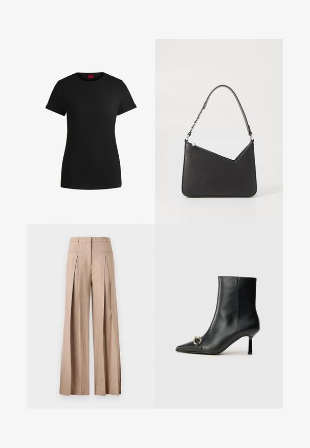 Mustapaita, jossa on lyhyet käärityt hihat, pyöreä kaula-aukko ja punainen etiketti. Sileä pinta, istuva muoto ja minimaalinen yksityiskohtaisuus.; Vaaleanbeige leveälahkeiset housut, jotka on valmistettu kevyestä materiaalista. Housuissa on pystysuorat raidat, korkea vyötärö ja etuylöspäin laskokset.; Musta nahkasaapas nilkkapituisilla, terävillä kärjillä, hoikalla keskipituisella korolla ja hopeavöillä sivussa yksinkertaista taustaa vasten.; Musta nahkakäekott kolmnurga kujuga, peene rihmaga ja hõbedaste detailidega. Omab lukuga sulgemist ja esiküljel on reljeefne logo.