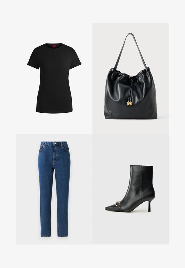 Černé bavlněné tričko s krátkými rukávy s rolled úpravou, kulatým výstřihem a červenou etiketa. Hladká textura, přiléhavý střih s minimálními detaily.; Džíny z modrého denimu s vysokým pasem, rovnými nohavicemi, pěti kapsami, kovovým zapínáním a prošívanými detaily podél švů.; Černá kožená kotníková bota s špičatou špičkou, úzkým středně vysokým podpatkem a stříbrnou sponou na straně, na jednobarevném pozadí.; Černý kožený taška na šňůrku s hladkým povrchem, staženým vrchem a jemnými zlatými detaily. Obsahuje jeden pevný popruh a embosované logo.