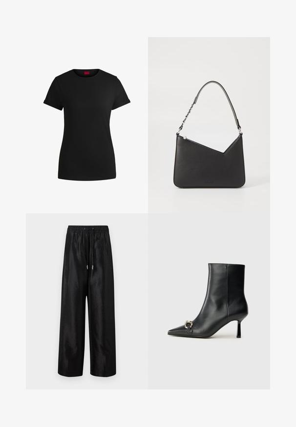 Svart bomulls-t-skjorte med korte, rullede ermer, rund halslinning og rød etikett. Glatt tekstur, tettsittende fasong med minimale detaljer.; Svart vide bukser laget av skinnende stoff med elastisk midje og snøring, med sølvfargede detaljer.; Sorte lær ankle boot med spiss tå, slank mid-høyde hæl og sølvspenne på siden mot en enkel bakgrunn.; Svart lærveske med trekantet form, en slank stropp og sølvfarget detaljer. Har glidelåslukking og preget logo på forsiden.